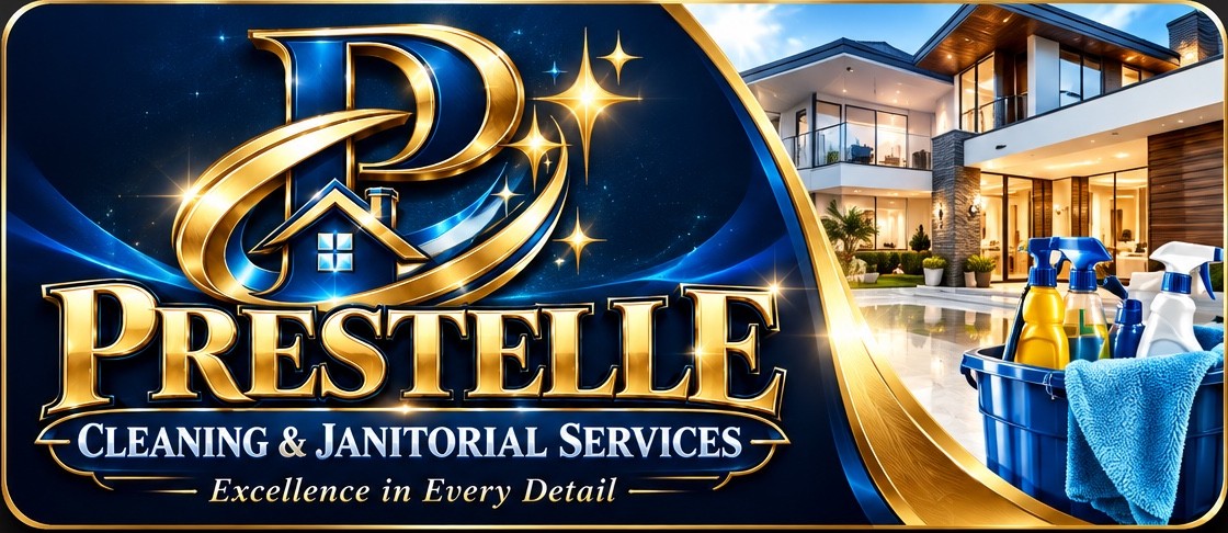 Prestelle Cleaning & Janitorial Services gold and navy branding